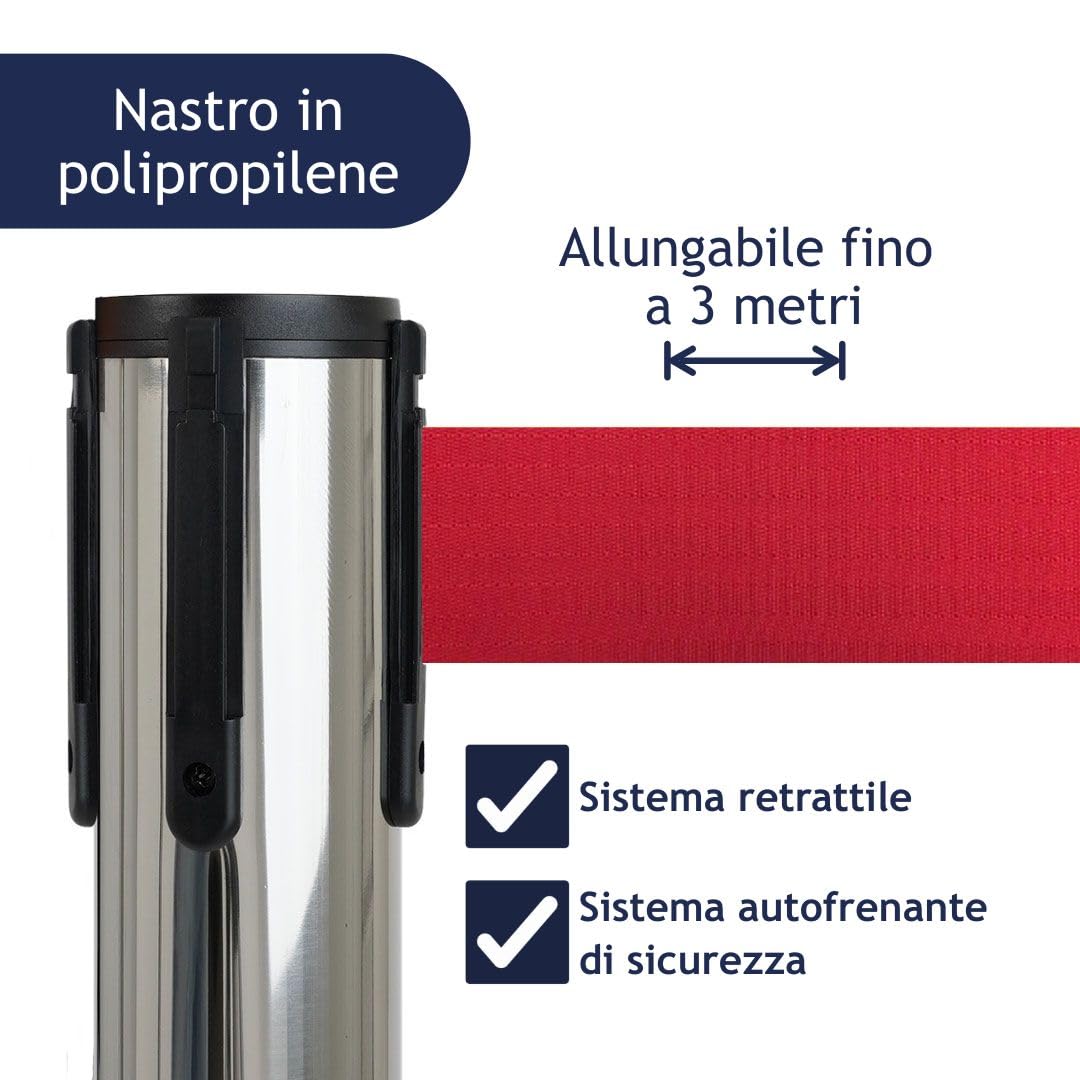 Danieli - Colonnina Segnapercorso con Nastro Estensibile Fino a 3 Metri. Acciaio Cromato Lucido, Base Conica (Rosso)