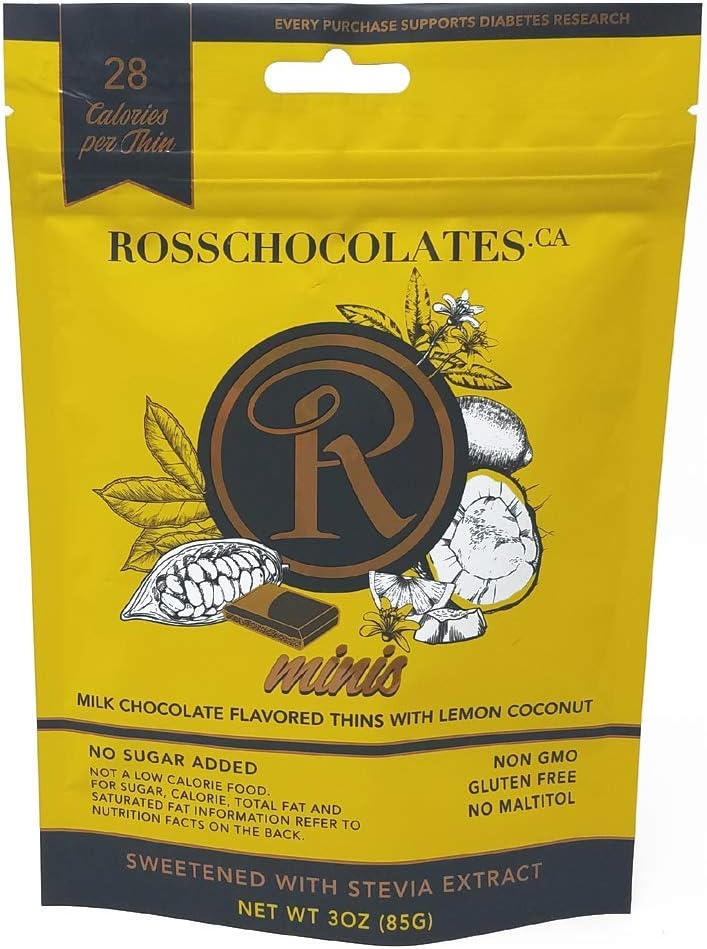 Ross Chocolates - Low-calorie Milk Chocolate Minis, Keto Chocolate Squares, Low Carb Chocolate for Health-conscious Diets, Non-Gmo Milk Chocolate with Lemon Coconut, 6 Pouches