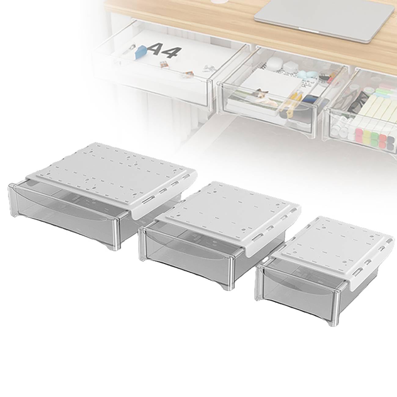 Cassetto sotto Scrivania [3 Pezzi] Cassetto Segreto Multiuso in Plastica con Supporto Autoadesivo per Scrivania, Ufficio, Cassetti Scrivania Portaoggetti Transparent,3PCS