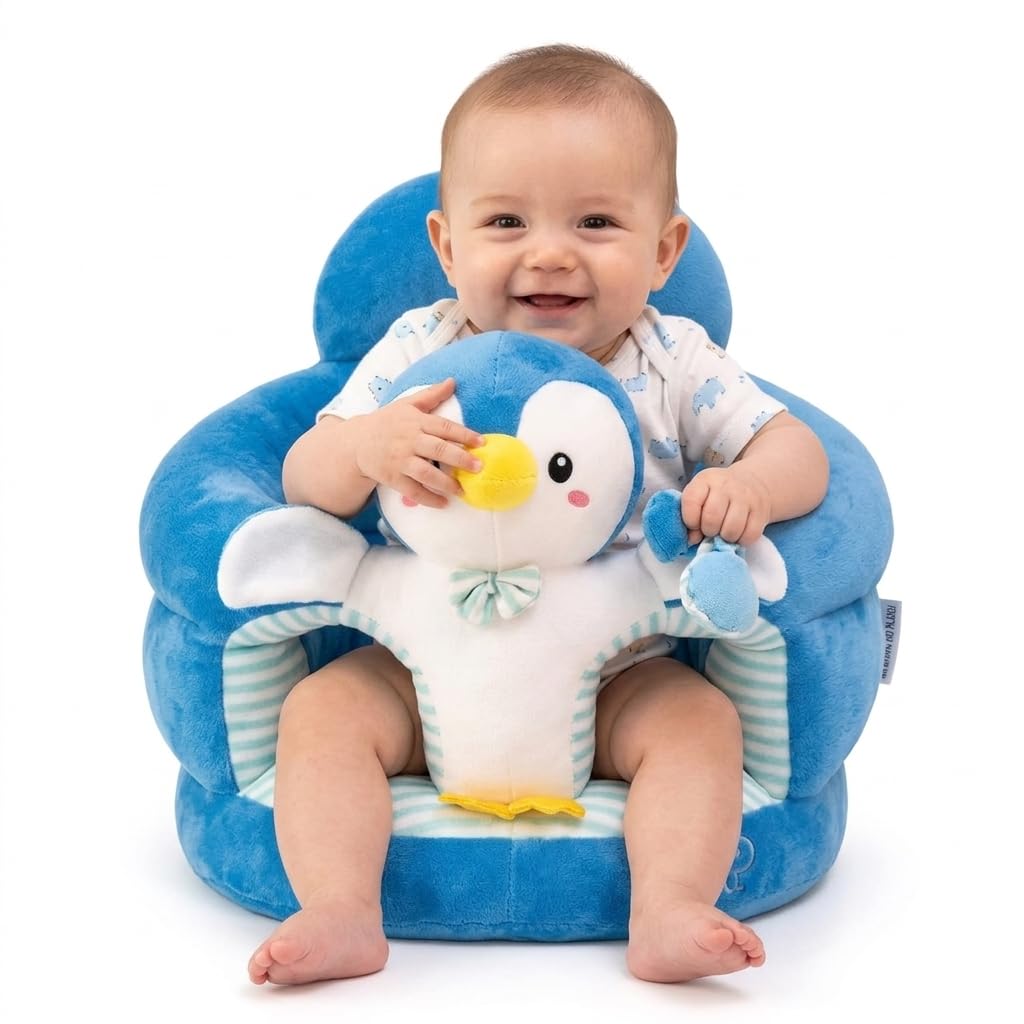 Soft Baby Sofa Seat for Toddlers | Cute Penguin Design Infant Sitting Chair for Kids Up to 2 Years | Comfortable Cushioned Baby Support Sofa (Blue Penguin Theme)-image-38