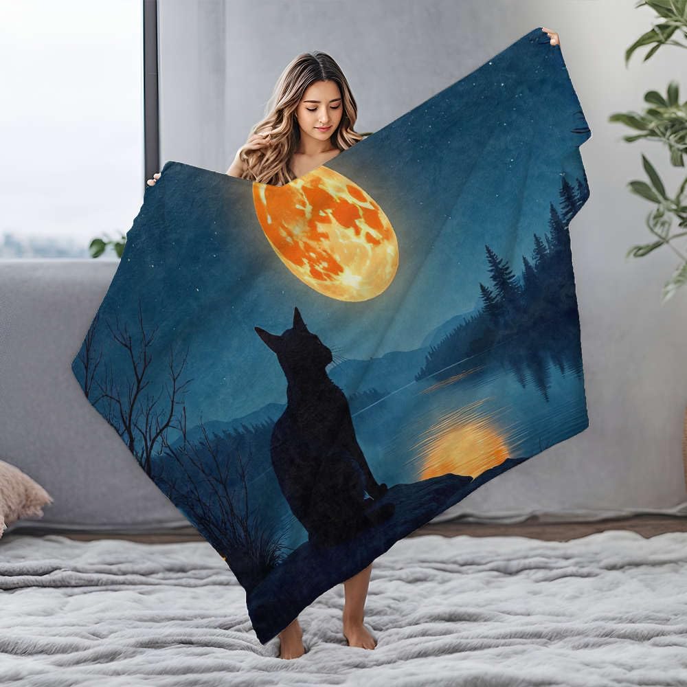 Couverture flanelle blanche chat noir 125x150 finitions soignées