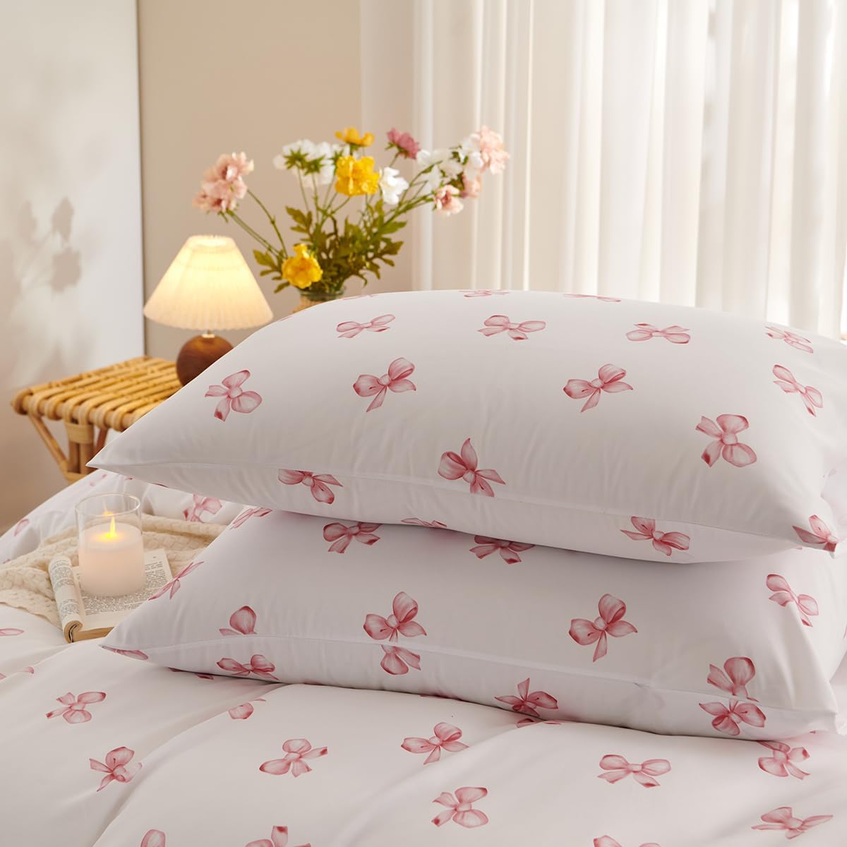 White Comforter Set Full Size - Pink Bow Quilt Bedding Set 3 Pieces, Comforter Set Full, Soft & Lightweight Comforter(79‘’ x 90‘’) for Girl All Season & 2 Pillowcases(30‘’x20‘’) - Image 6
