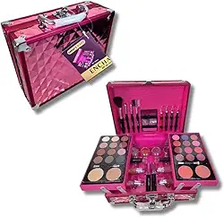 Maleta de Maquiagem Profissional, Rosa, com 4 Pincéis Variados, Espelho, 2 Lápis para Lábios, 2 Paletas de Sombras
