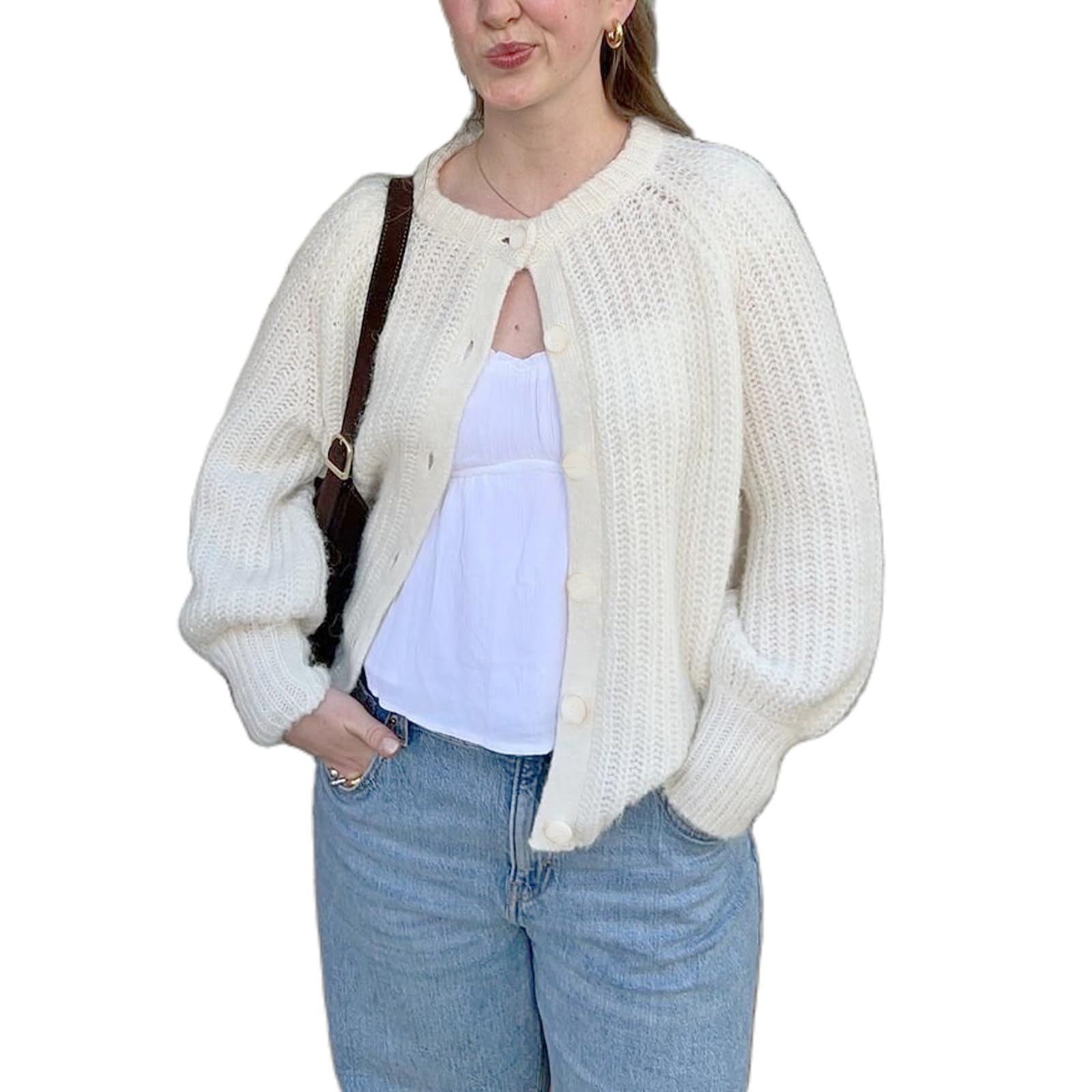 Bocymolay Womens Cardigan Sweaters Casual Button Down Crewneck Knitted Jacket Loose Fall Chunky Outwear