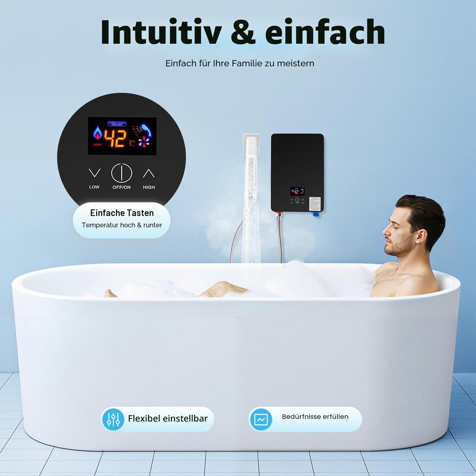 6500W Mini Durchlauferhitzer Dusche 220V Elektrischer Warmwasserbereiter mit Digitalanzeige, IPX4 Wasserdichtigkeit, Kompakte Größe Instant-Heizung inklusive Duschkopf