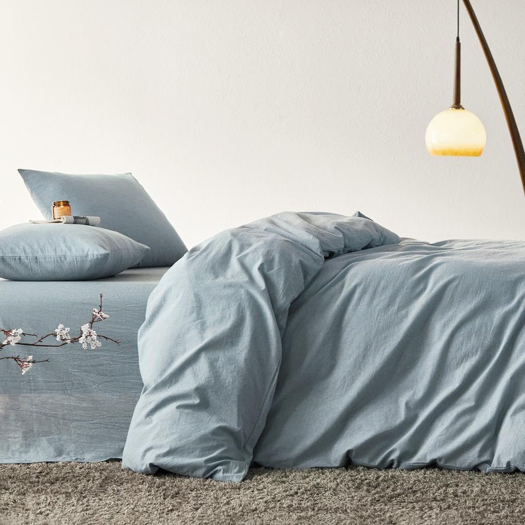 Wake In Cloud - Cotton Duvet Cover Set, Queen Size, Light Denim Blue, 100% Washed Cotton, Linen Like Textured, Breathable Percale Durable Comfy Farmhouse Neutral Bedding Set, 3 Pieces