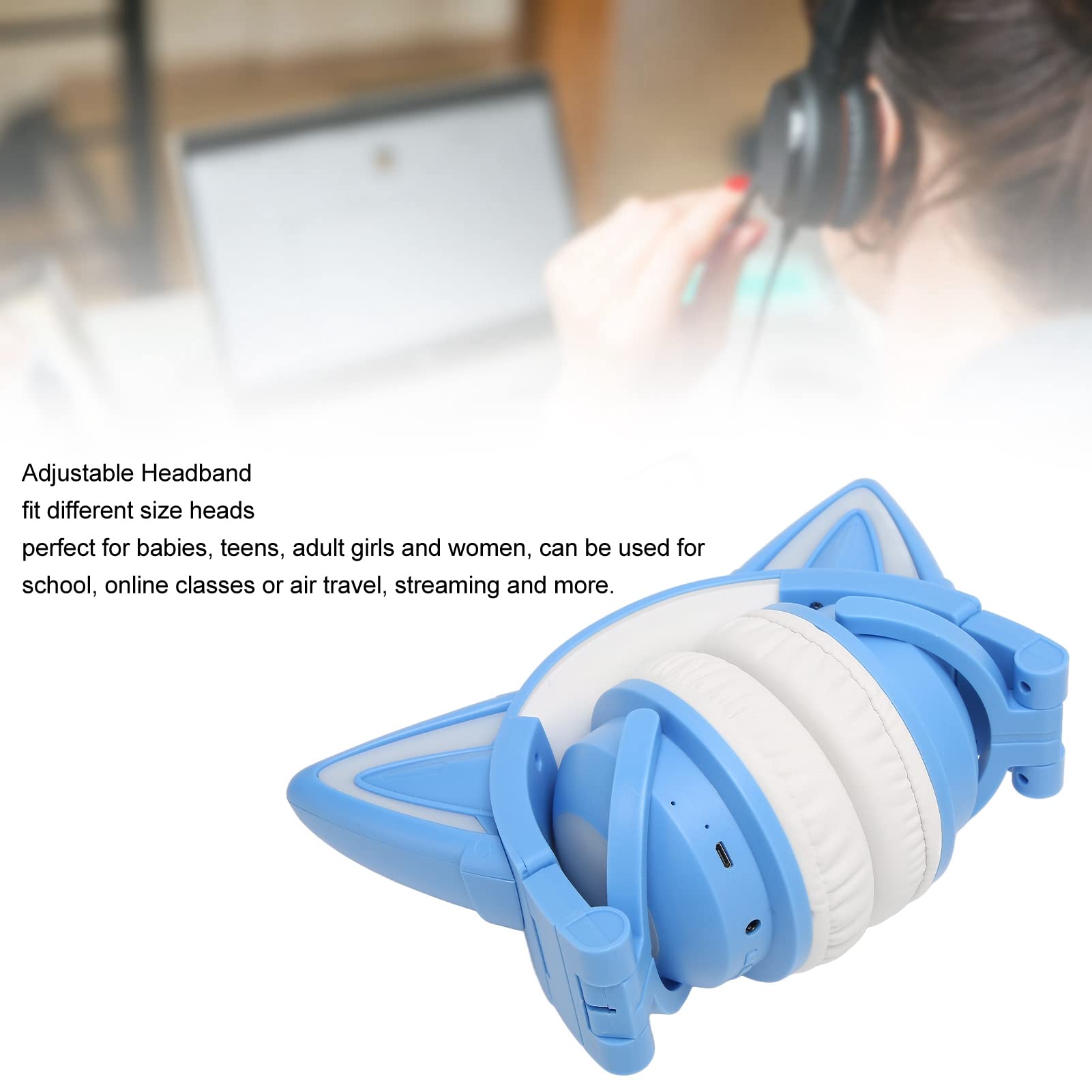 Asixxsix Cuffie Cat Ear, Cuffie da Gioco Stereo Bluetooth con Microfono Integrato e Luce LED RGB, Sovrauricolari per Cellulare Portatile, Archetto Regolabile (BLUE)
