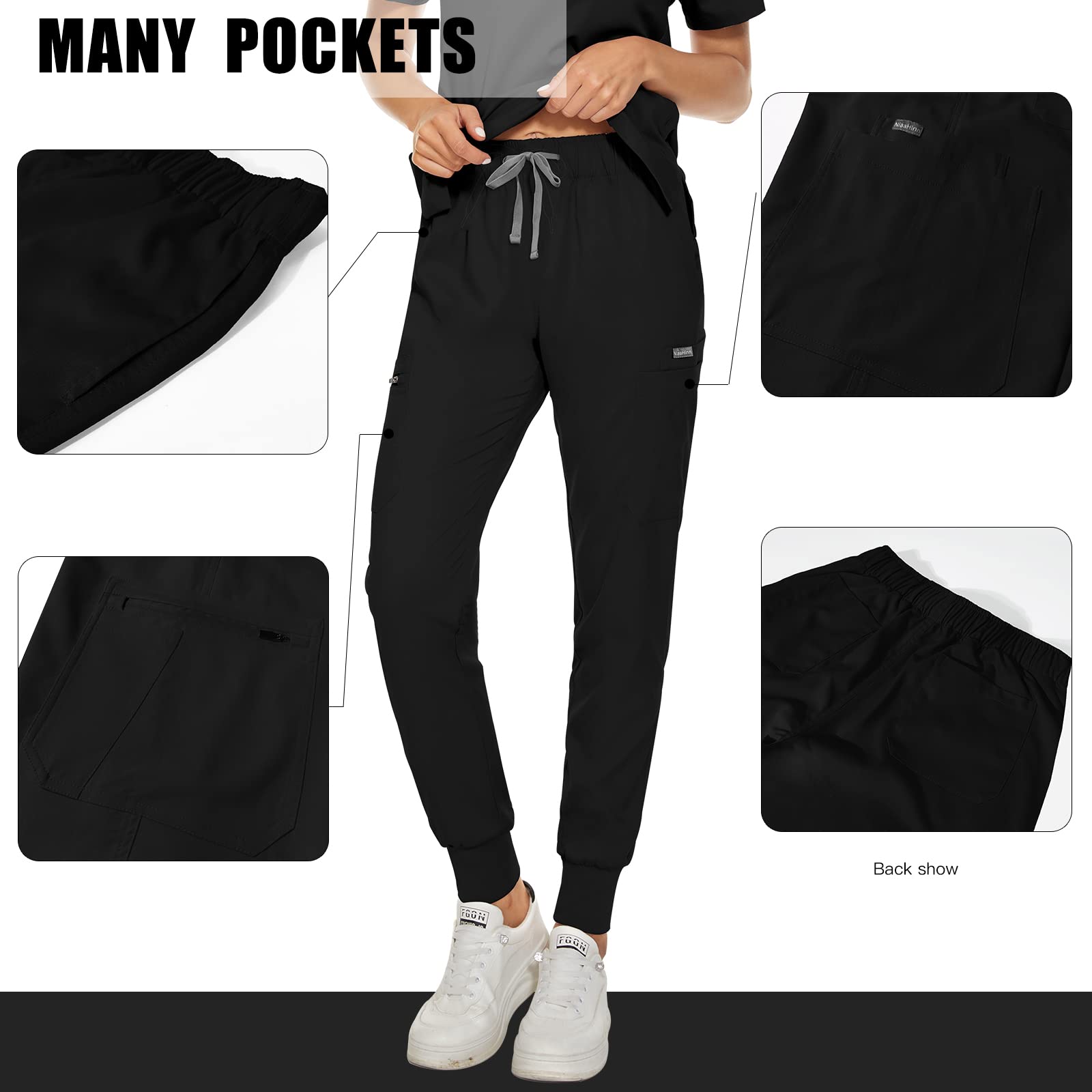 VIAOLI Scrub Pants for Women Jogger Pants 8 Pockets Cargo Pants Stretch Nurse Uniform Work Pants Unisex (Black,M,Medium)