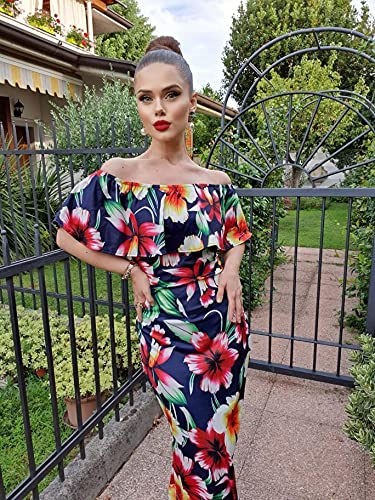 Happy Sailed Women Prom Floral Off Shoulder Bodycon Maxi Dress For Evening, Large Navy Blue #TOP7