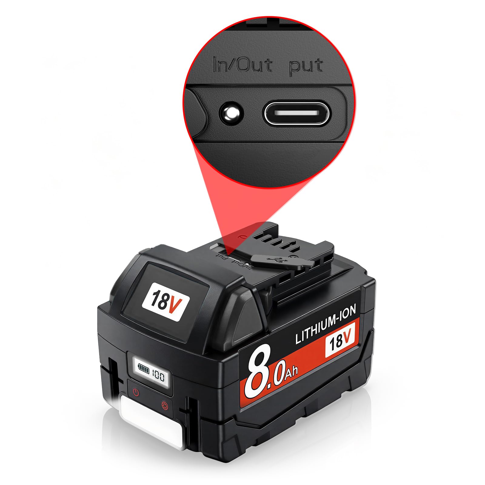8.0Ah 18V Batterie pour Milwaukee M18, Port USB‑C PD 65W, Écran LCD