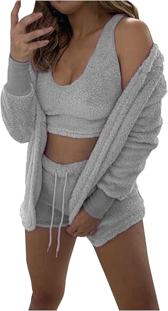 JiXiang 3 Piece Travel Outfits for Women Fuzzy Fleece Warm Sherpa Hooded Cardigan Spaghetti Strap Crop Top Shorts Pajamas Set