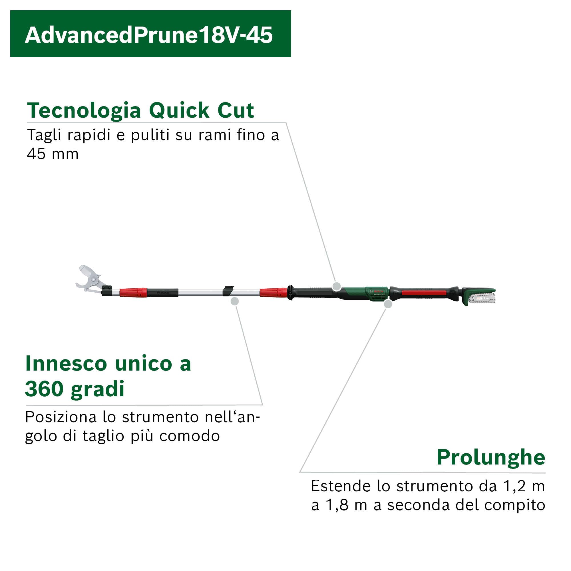 Bosch Forbici Potatura a Batteria Advancedprune 18V-45 45 mm 600 Tagli Asta di Prolunga