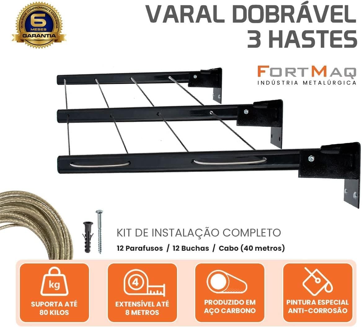 Varal De Parede 3 Hastes para Casa e Apartamentos