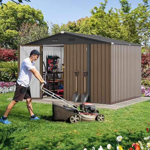 Image of DWVO 10x8FT Outdoor Storage Shed, Spacious Metal Tool Shed with Lockable Doors & Ventilation for Patio, Lawn, and Backyard, Ideal for Storing Garden Equipment, Lawnmowers, and Bicycles, Brown