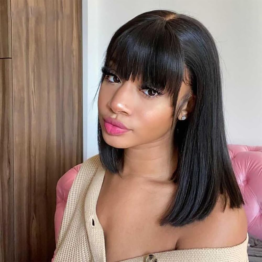 Mofyue Short Black Human Hair Bob Wigs With Bangs Straight Realistic Scalp Glueless Non Lace Front Wig For Women Wear and Go Blunt Cut Bob Wigs 180% Density (14 Inch,)