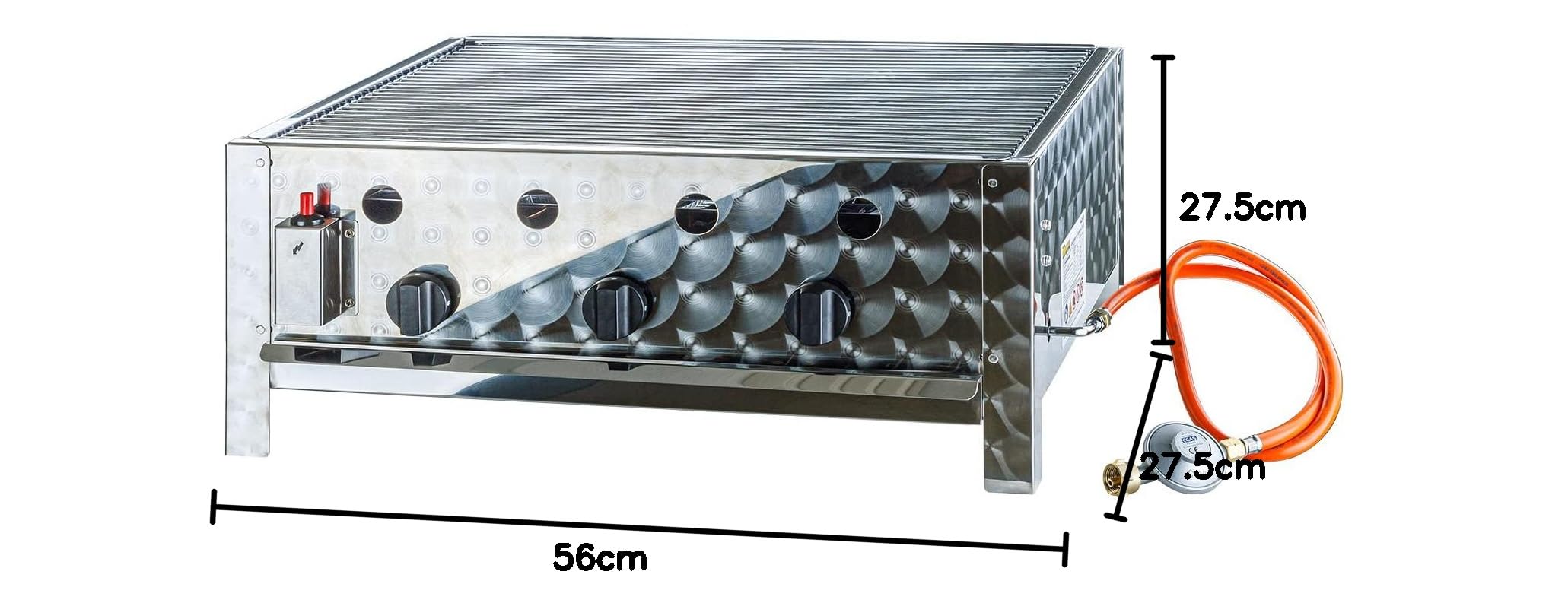 DEMA Gasbräter 3 Brenner 10kW Gasgrill Tischgrill Edelstahl | Piezozündung, Thermosicherung, Warmhalterost, Gastrogrill, Propangas, Fettwanne, Grillplatte Alternative