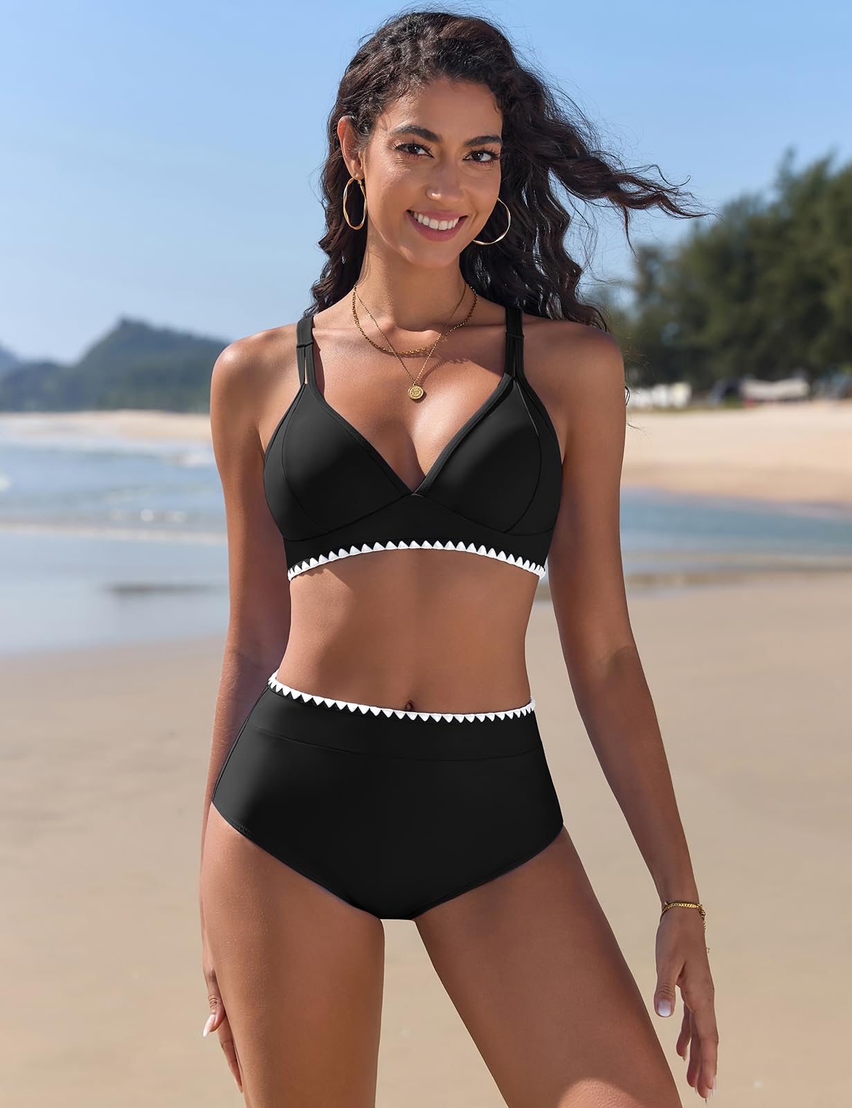 Maillot de Bain Femme 2 Pieces Taille Haute Bikini Set Col V Ensemble Chic et Elegant avec Dentelle Blanche