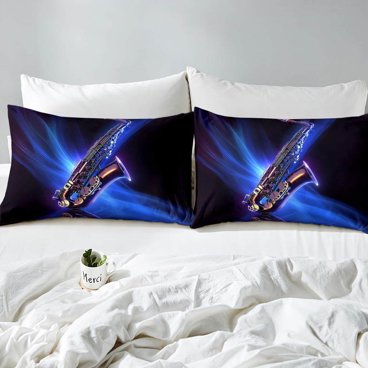 Feelyou Classic Music Bedding Set Cool Saxophone Duvet Cover for Kids Boys Girls Jazz Funky Design Comforter Cover Musical Instrument Blue Bedspread Cover Bedroom Collection 2Pcs Twin Size