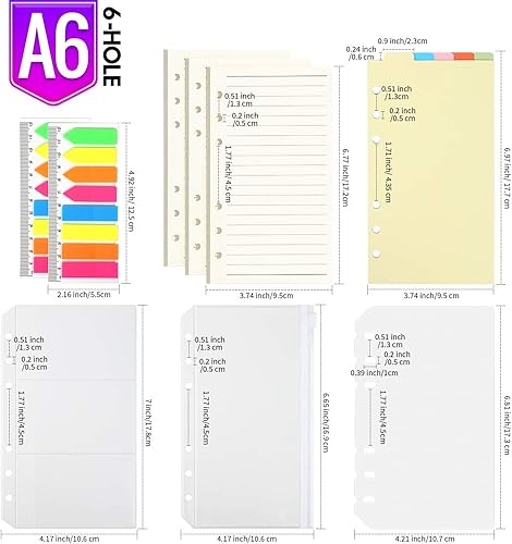 Miniatura 3 de Papel de repuesto A6, paquete de 3 45 piezas A6 de papel de hoja suelta, 6 anillos, 2 unidades de 160 marcadores de página de neón, con bolsillos