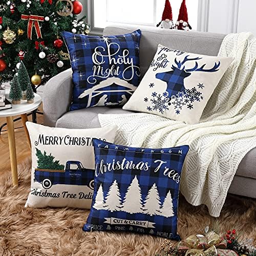 Christmas Decorations Cushion Covers Set of 4 Blue Christmas Pillow Covers Square Pillow Cases Buffalo Plaid Cushion Covers for Sofa Home Decor Blue 45 x 45cm