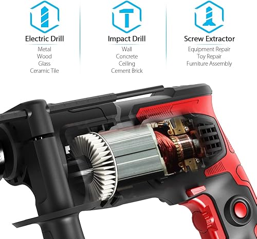 Miniatura 2 de Taladro de impacto de 850 W, taladro de impacto de 12 pulgada y 7 amperios con cable con velocidad variable 0-3000 RPM, martillo y taladro 2