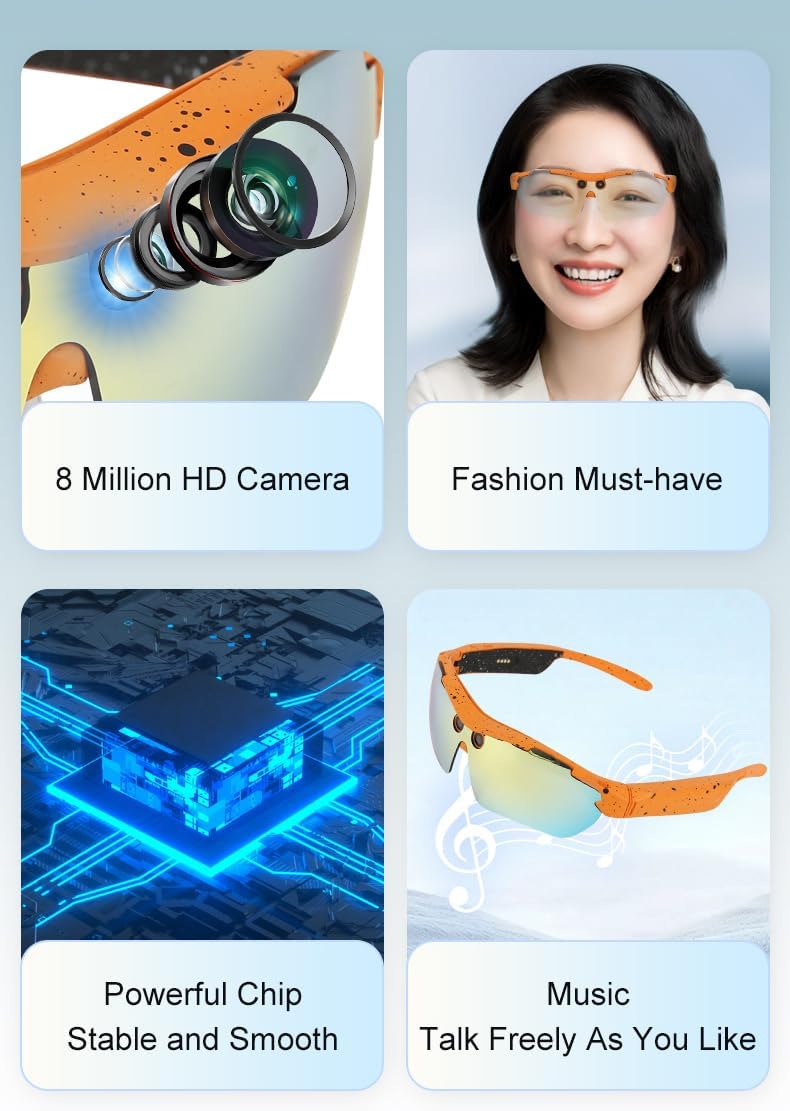 Koulele YP-11 AI Smart Glasses with 8MP HD Camera, Voice Call, Real-time Translation, Music Playback, Bluetooth 5.0, Orange Frame, for Cycling, Travel, Everyday Adventure (Orange)