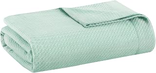 Madison Park 100% Egyptian Cotton Lightweight Summer Blanket, Breathable Waffle Knit Design, Soft Cozy All-Season Throw for Bed, Couch or Sofa, Seafoam Full/Queen Size (90"x90")