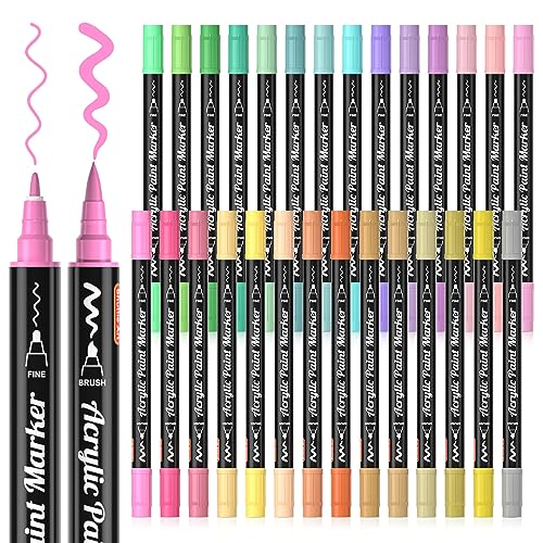 28 Pastel Colors Dual Tip Acrylic Paint Markers, Brush Tip and Fine Tip Acrylic Paint Pens for Rock Painting, Ceramic, Wood, Canvas, Plastic, Glass, S