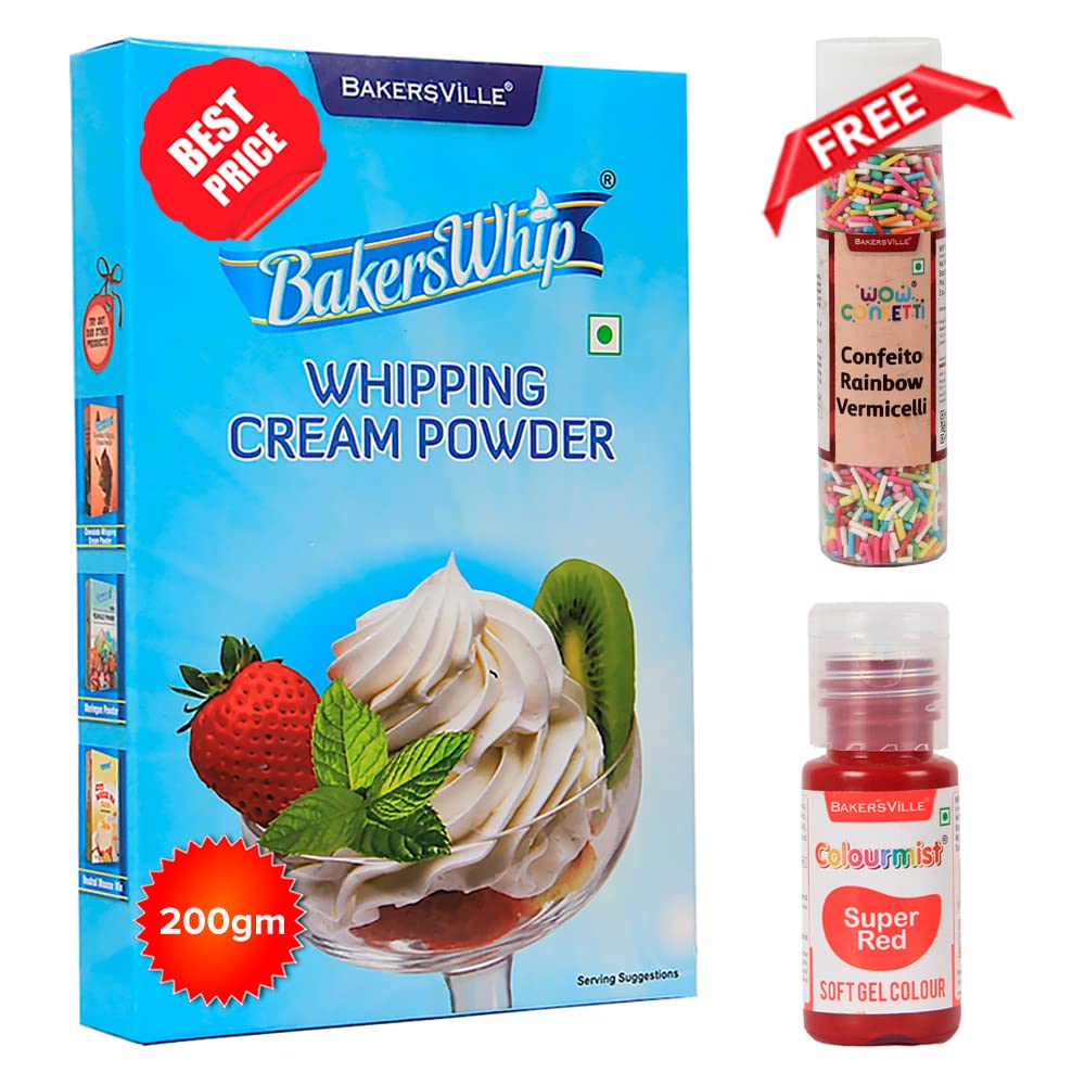 BakersWhip - Premium Whipping Cream Powder (200g) + Colourmist Soft Gel Super Red Colour (20g) | Free Wow Confetti Rainbow Vermicelli (25g)| (B09VK1KK7H) Amazon Price History, Amazon Price Tracker