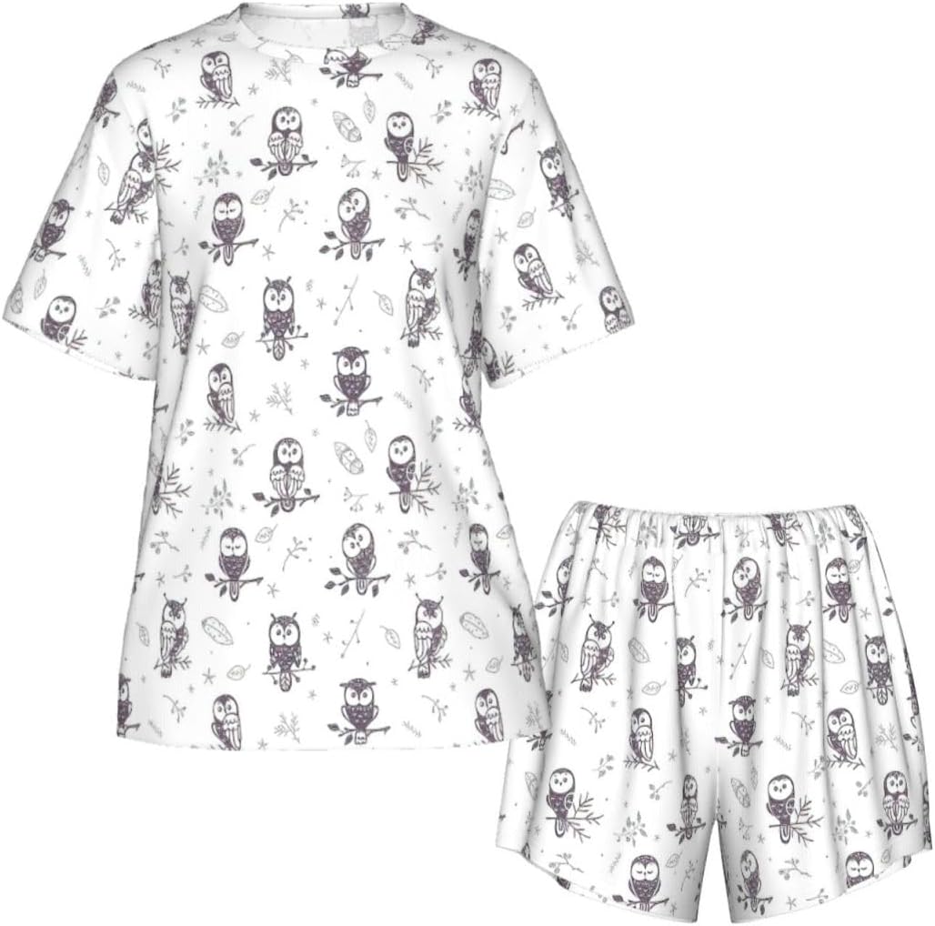 Owl Tree Branches Print Cute Short Sleeve Pajama Set For Women Casual Loungewear With Pockets Four Seasons S-3xl