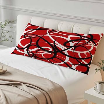Abstract Stripe Black White on Red Throw Pillow Cover,Decorative Pillowcase with Hidden Zipper Minimalist Geometric Curve Line Breathable Lumbar Pillow Cushion Case for Couch Sofa Bed Home,20"x54"
