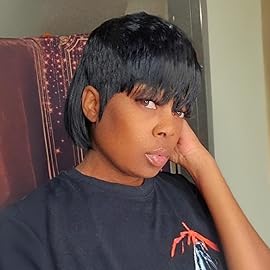 QiaQiaRing Mullet Human Hair Wigs for Black Women Mullet Short Layered Pixie Cut Bob Wigs With Bangs 8inch Natural Black Color Chic Elegent Glueless Brazilian Virgin Straight Human Hair
