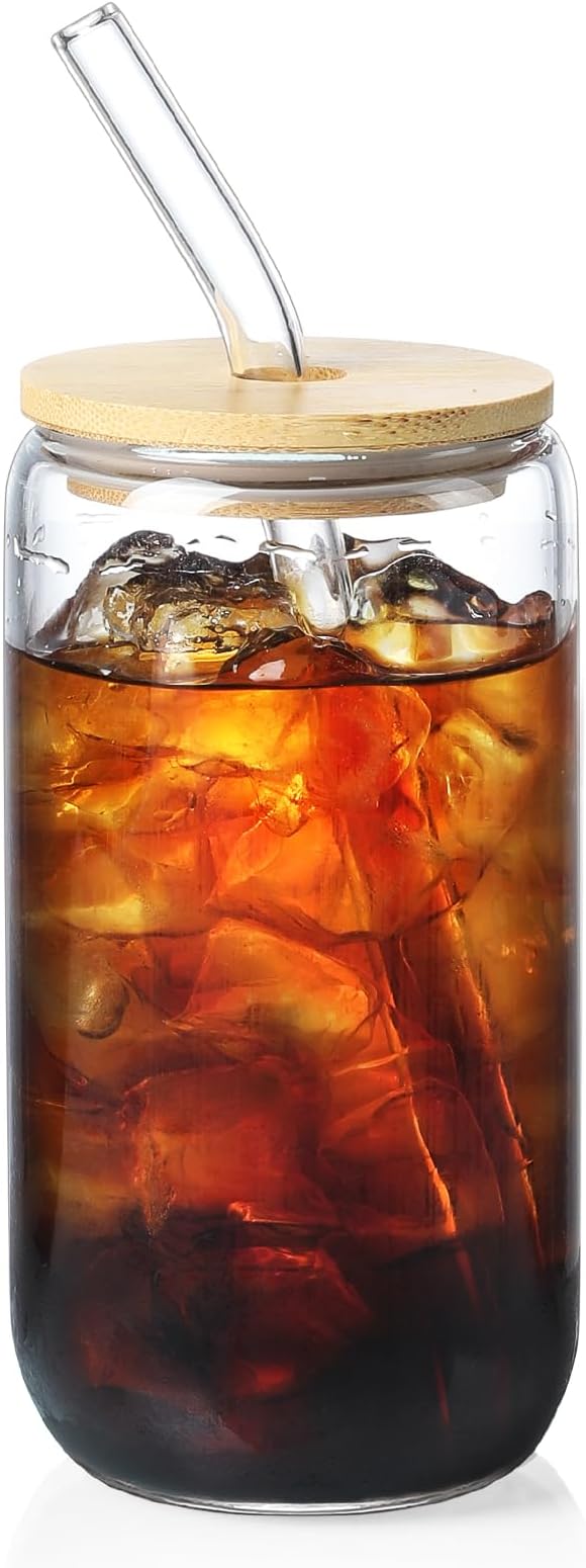 NETANY 1 Pack Glass Cups with Bamboo Lids and Straws 16 oz, Gifts for Women, Drinking glasses set, Iced Coffee, Tea Cup, Cute Aesthetics Tumbler Cup, Mothers Day, Birthday Gifts for Her Mom