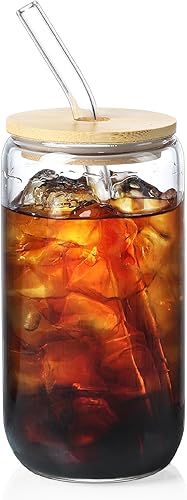 Vista 8 de NETANY Juego de 8 piezas: vasos para beber con tapas de bambú y popote de vidrio, vasos de vidrio de 16 onzas, vasos de cerveza, vasos de café