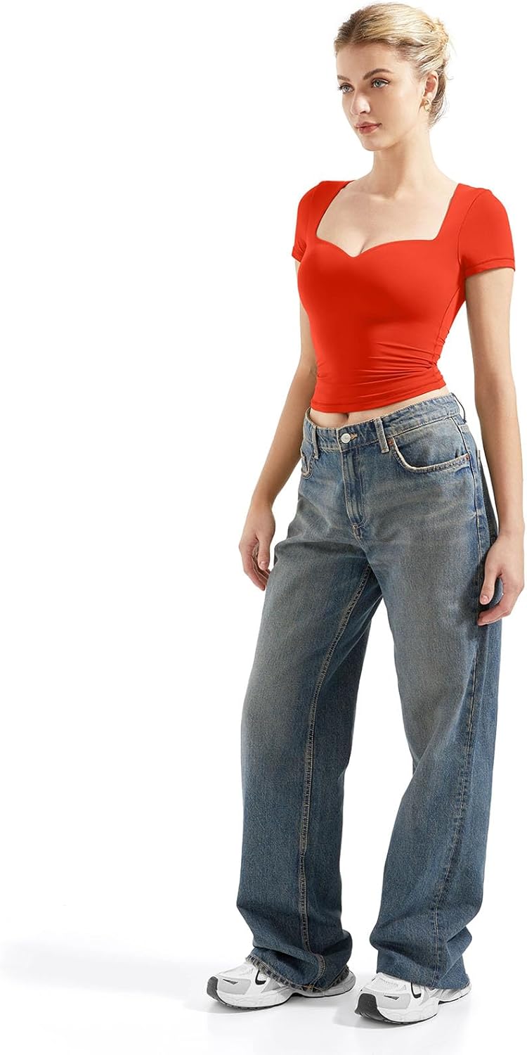 SUUKSESS Women Double Lined Fitted Basic Tee Sweetheart Neck Short Sleeve Y2K Crop Top - Image 6