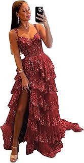 Lace Tulle Tiered Prom Dresses 2025 Long Slit Spaghetti Straps Sparkly Corset Formal Evening Party Gowns - Buy now