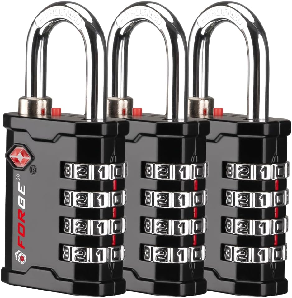 FORGE 4-Digit TSA Approved Travel Locks – TSA008 Key System, Key Duplication Impossible, Heavy-Duty Combination Padlock for Travel, Gym, Pelican Case. Black 3 Locks.