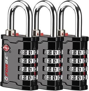 FORGE 4-Digit TSA Approved Travel Locks – TSA008 Key System, Key Duplication Impossible, Heavy-Duty Combination Padlock for Travel, Gym, Pelican Case. Black 3 Locks.