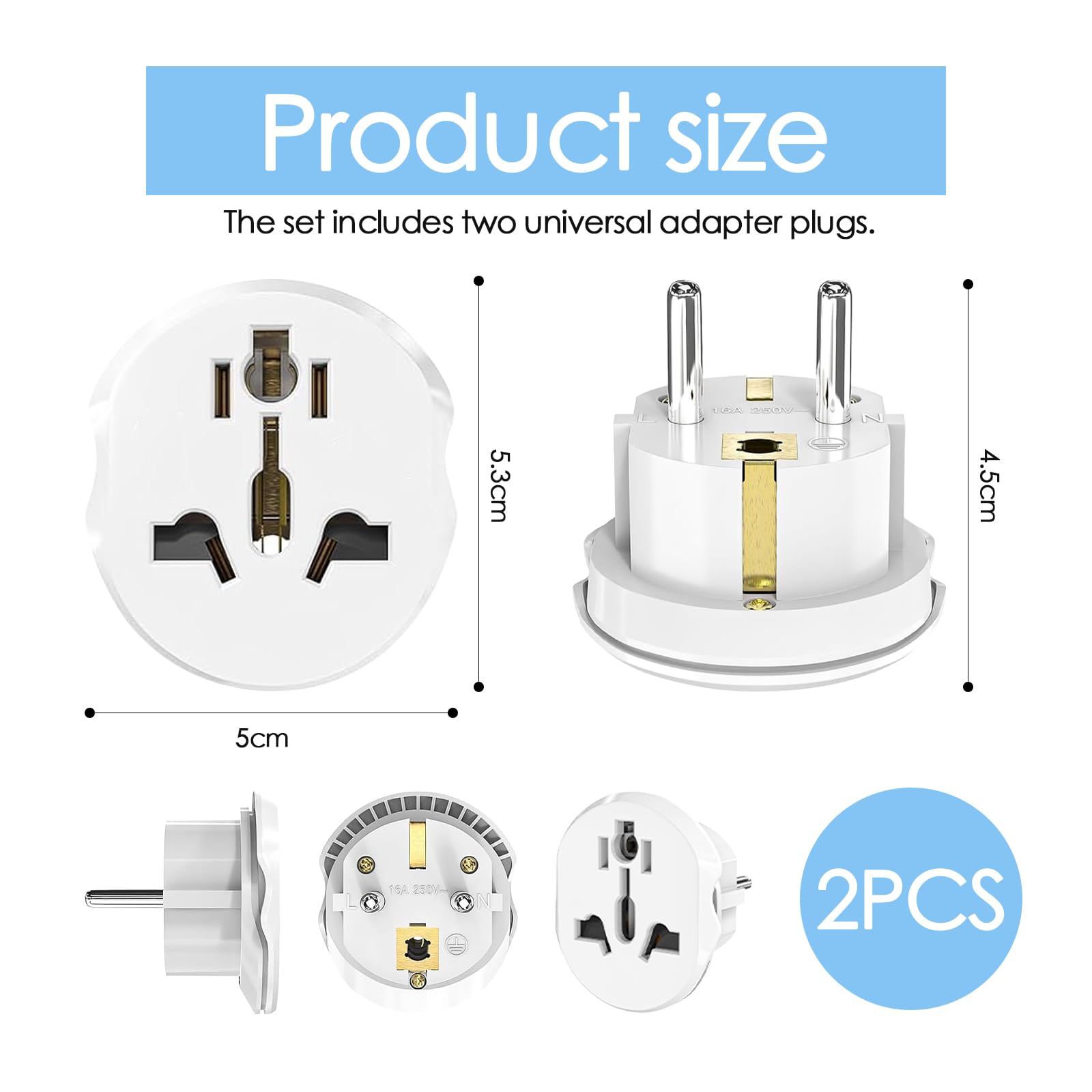Adaptador de Enchufe Universal para Viajes España, Compatible con la Mayoría de Países Europeos, 2 Pack - Convertidor de Enchufes USA, UE, UK, Australia, China, Italia, Suiza a Enchufe Alemán — view 2