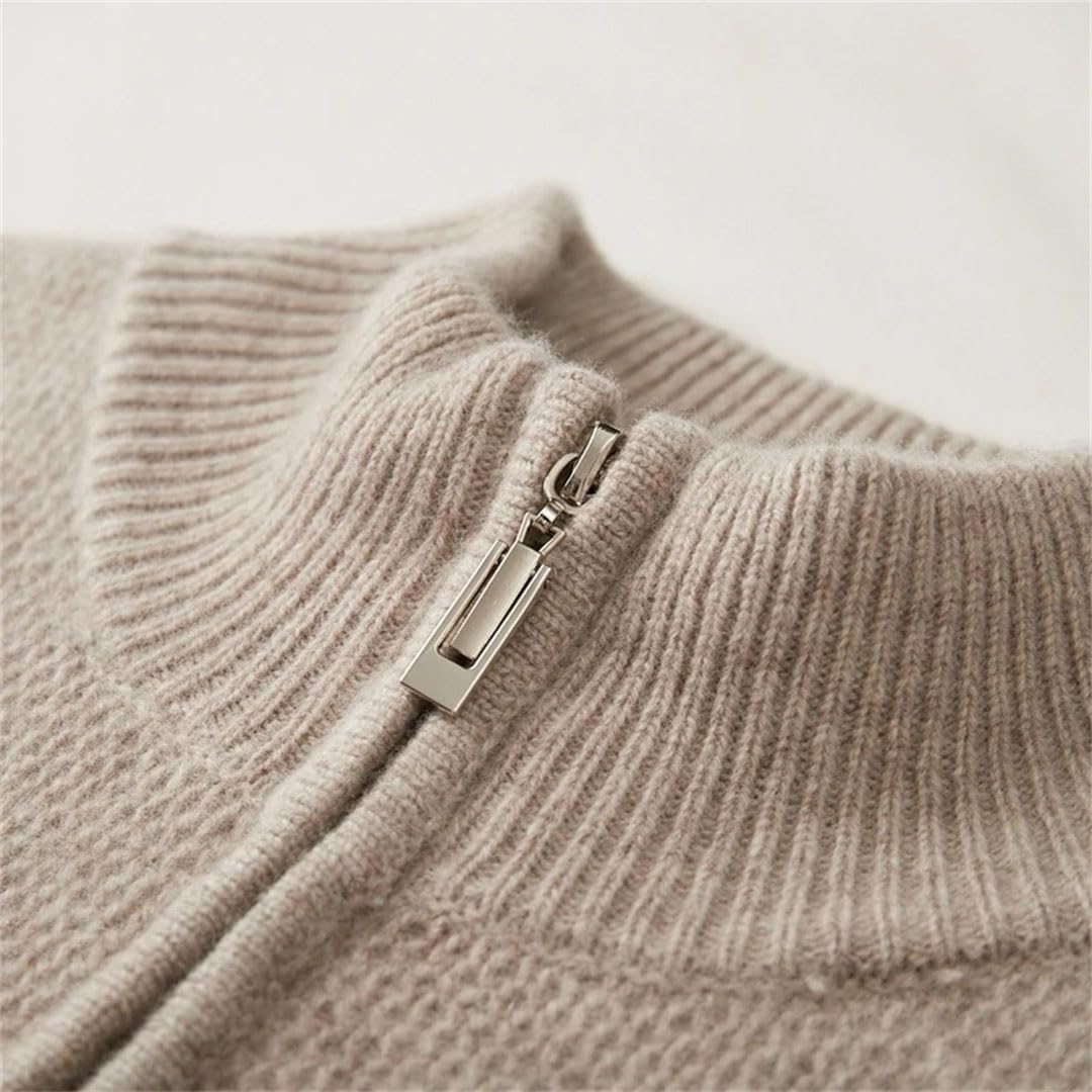 Men's 100 Percent Wool Sweater Mock Neck Zipper Honeycomb Knit Cardigan Fall Winter Thick Smart Casual
