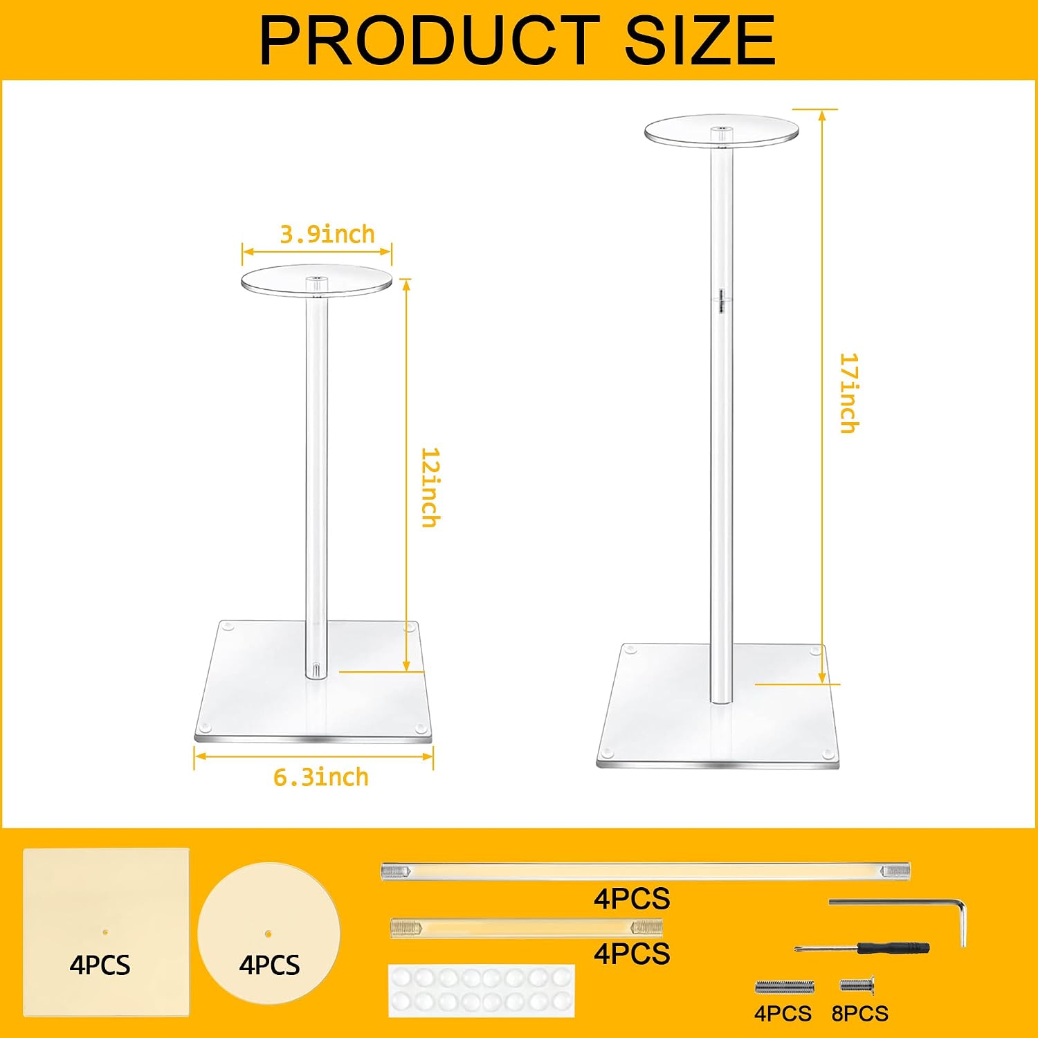4 Pack Acrylic Hat Display Stand, 12” to 17" Adjustable Height Hat Holder Rack with Square Base, Clear Pedestal Hats Stand for Wig, Baseball Cap, Jewelry, Watch, Helmet Showcase