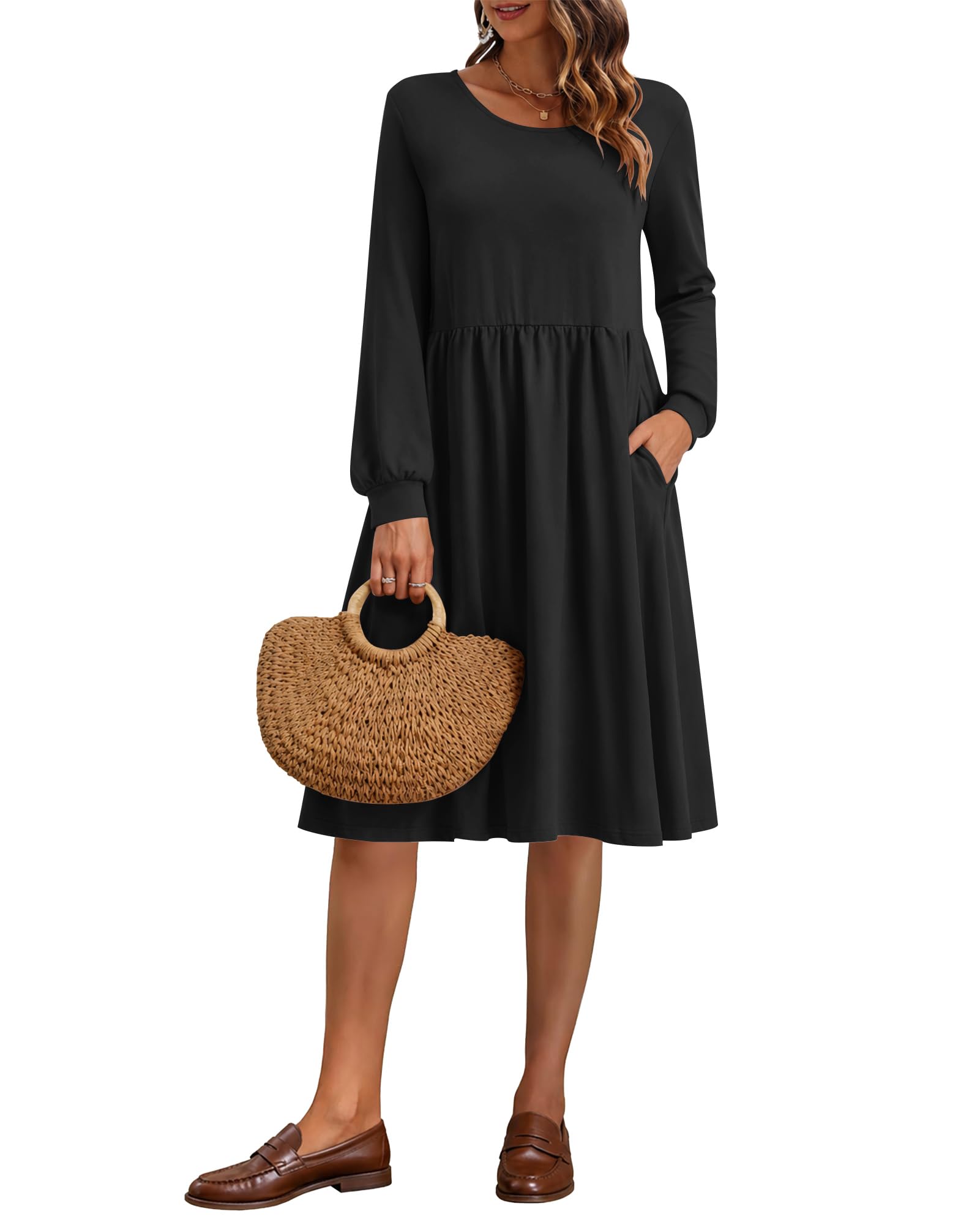 AUSELILY Damen Langarm Knielang Locker Herbst-Winter-Kleid mit Taschen | Rundhalsausschnitt,Oversize Empire Freizeitkleider