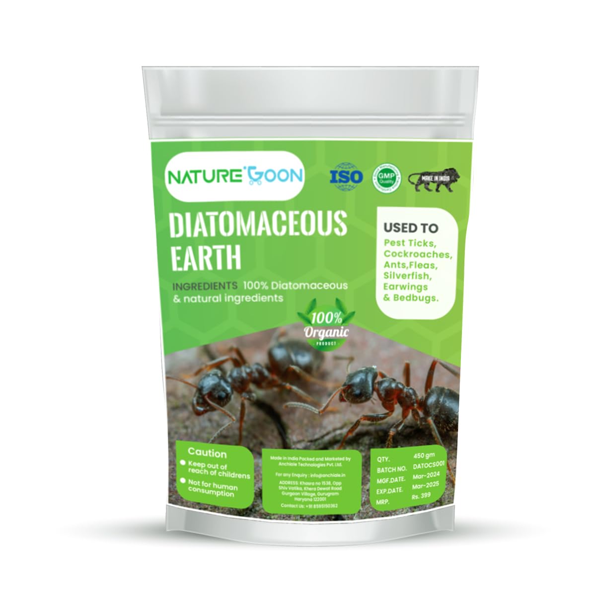 Naturegoon Diatomaceous Earth Powder 450 gm | 100% Organic and Natural | Safe Pest Control for Garden and Home | Dog Powder for Prevention of Fleas