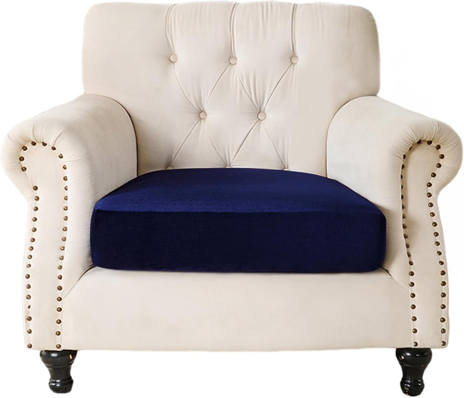 KKJIAF Navy Blue Velvet Stretch Couch Cushion Covers Sofa Seat Covers, Separate Sectional Sofa Slipcovers Velvet Furniture Protector with Non Slip Elastic Bottom, 1 Cushion Armchair