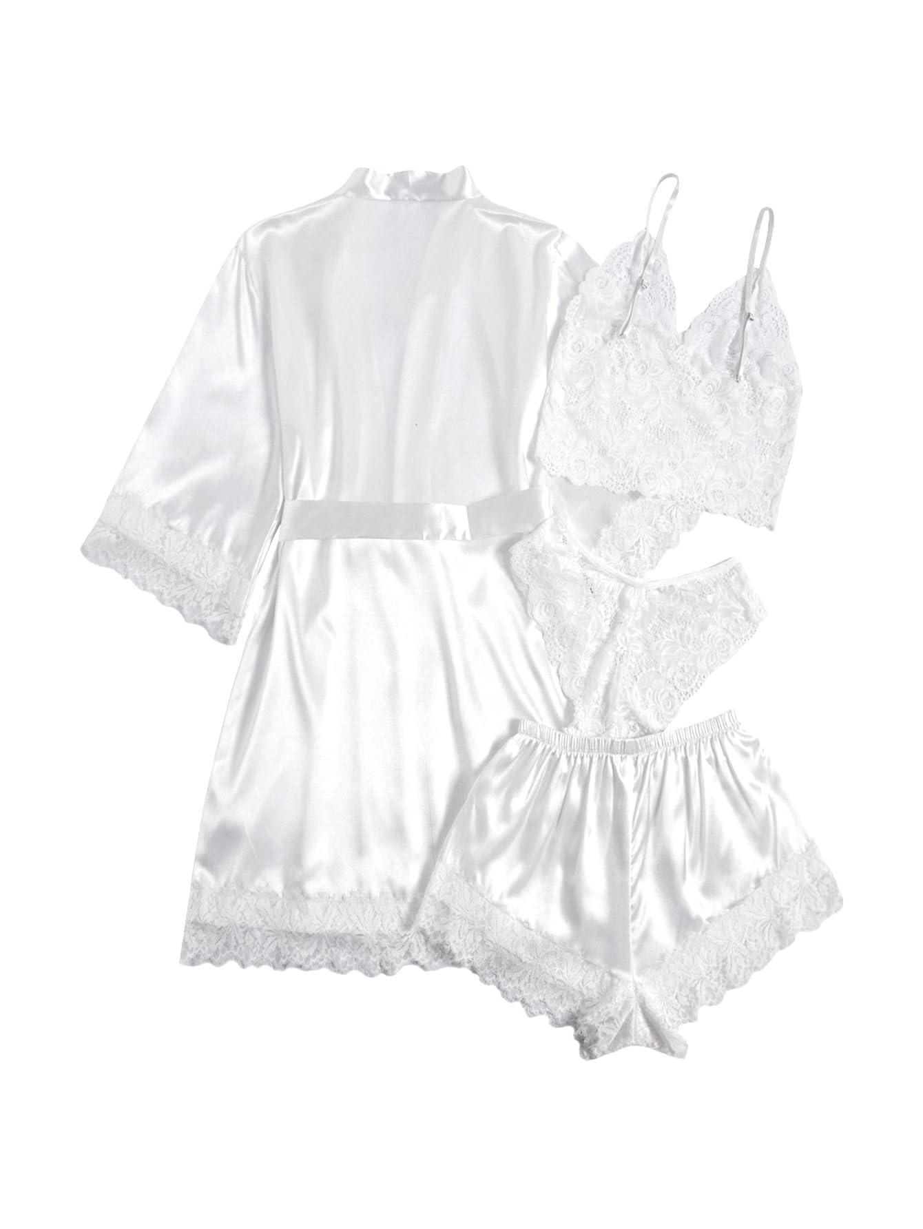 Conjunto de ropa de noche de 4 piezas, pijama completa de satén con encaje floral y dos piezas de lencería, Blanco (Snow white), M 2
