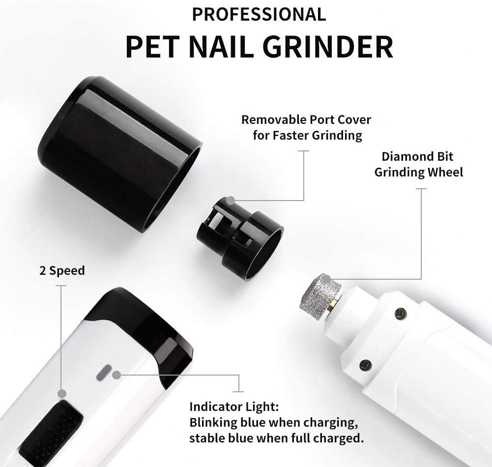 Trimmers de Clavo para Perros, Recortadora de Clavos de Mascotas, bajo Ruido, USB Recargable 2 velocidades Mascotas eléctricas Nail Archivo Patas indoloras Aseo para Todos los tamaños Perros
