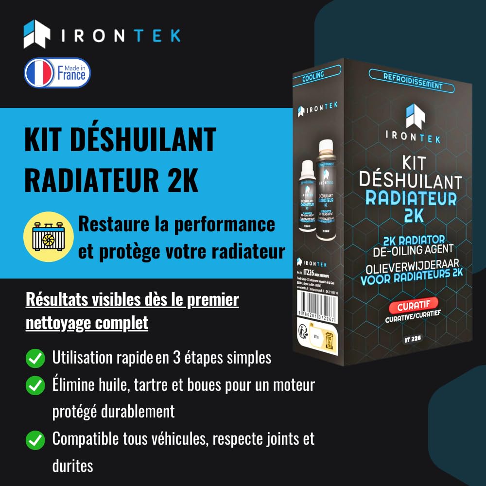 Déshuilant Radiateur 2K Curatif 2x150ml - IRONTEK | IT226 | Bi-Composant | Élimine Huile Boues Tartre | sans Démontage | Nettoyage Complet Système Refroidissement