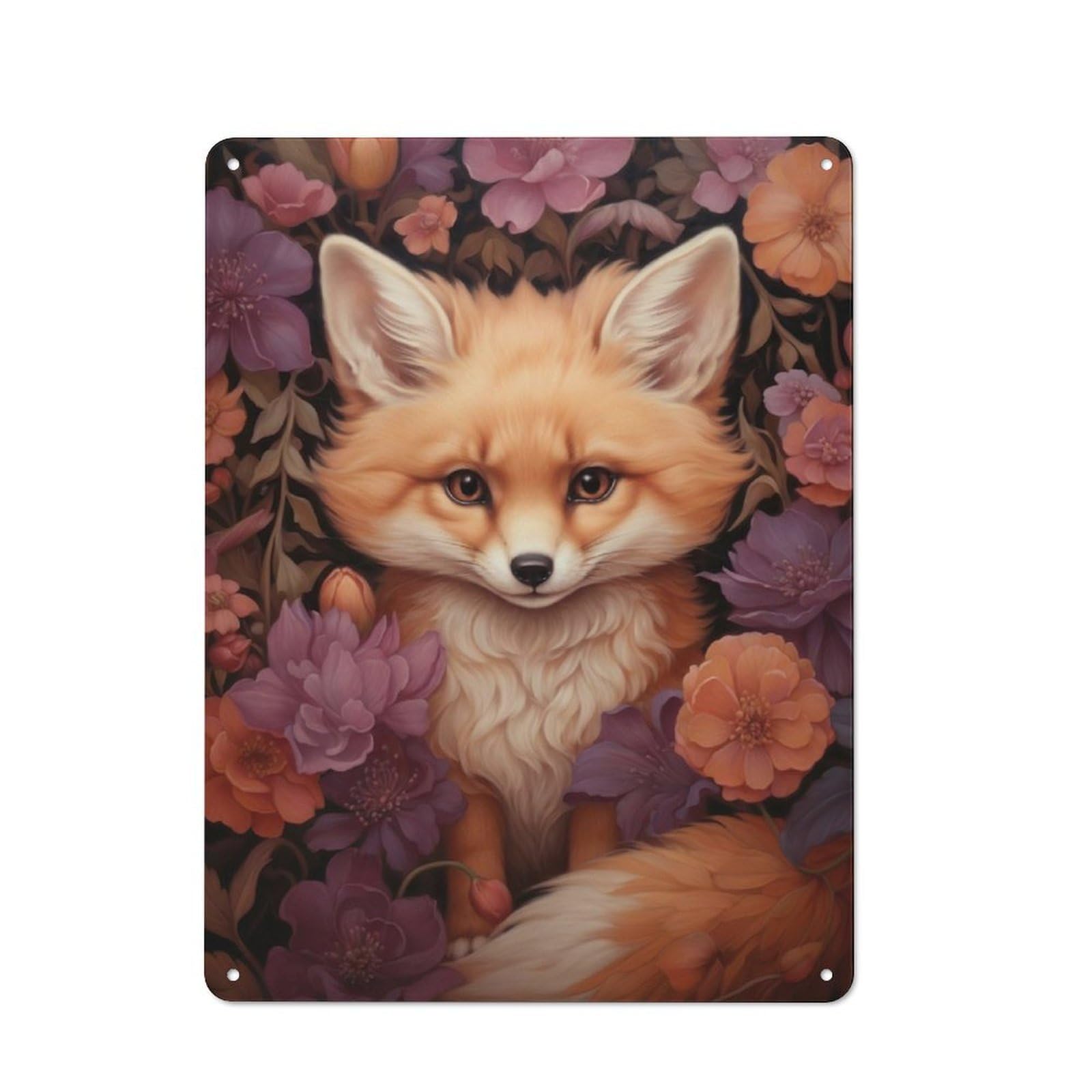 Junmoney Cute Fox In Fall Flowers Retro Tin Wall Plaque 40X30cm For Man Cave Or Games Room, For Games Room Collectors