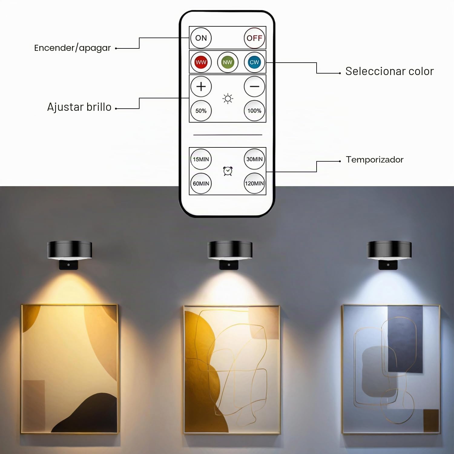 Lampara de Pared Sin Cable,3 Piezas Luz Cuadros Inalambrica con Mando a Distancia,Recargable Lamparas Pared sin Cable,3 Temperaturas de Color,Luz de Pared Regulable para Pinturas,Marco(Negro)