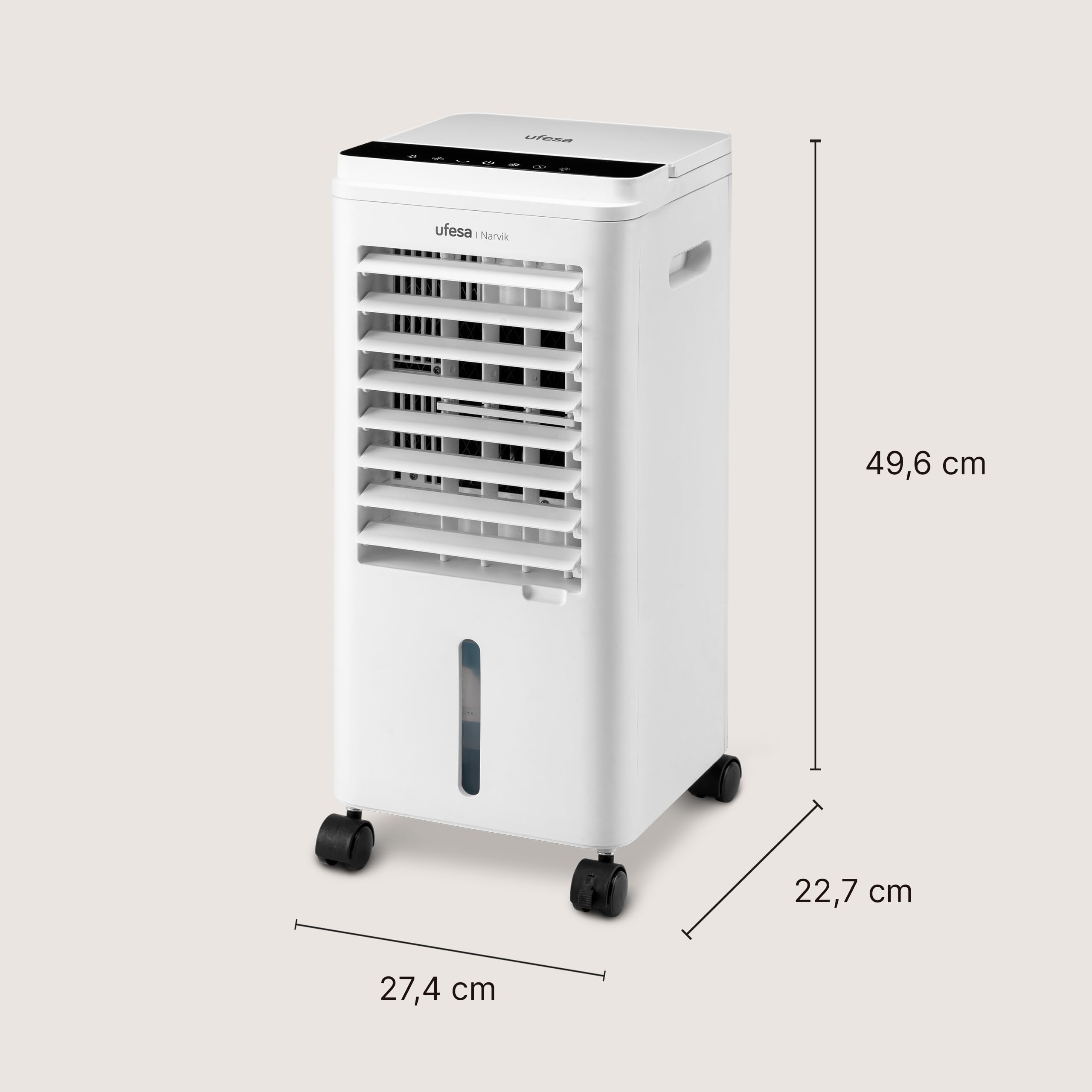 Ufesa Narvik chłodnica parowa, 65 W, funkcja chłodzenia i wentylator, 3 prędkości, 3 tryby, panel dotykowy, zbiornik na wodę 5 l, timer 12 h, filtr nadający się do prania, 2 akumulatory chłodzące